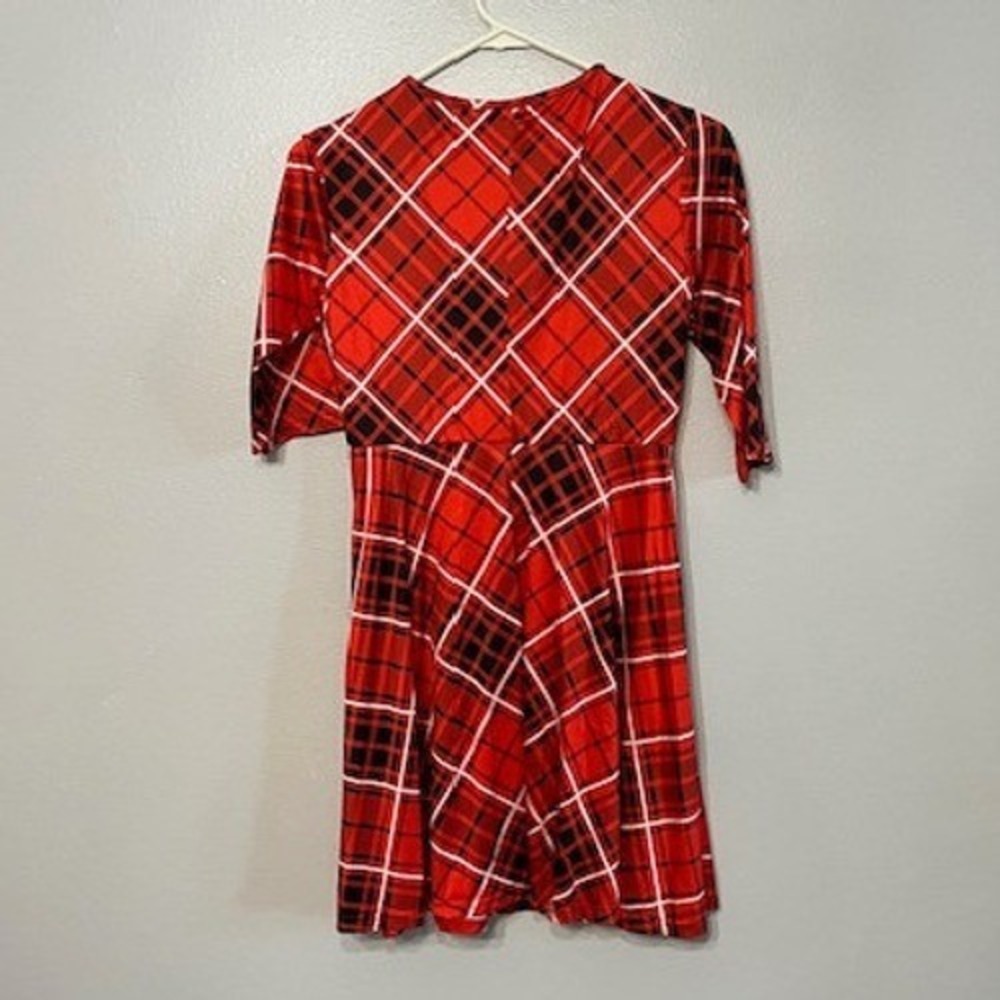 Womens Red Black Plaid Skater Dress Elbow Sleeve Fit and Flare Tartan Mini Dress - Picture 2 of 3